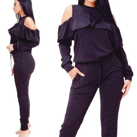Ruffle Detail Cold Shoulder Peek A Boo Jogger Set Black NWT - Picture 3 of 6